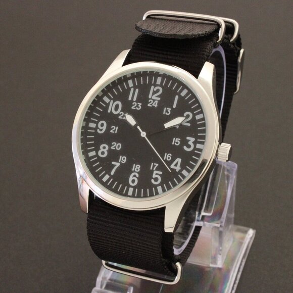 Men's Quartz Field Watch Silver Tone Case Black Military Strap 42mm - Picture 12 of 12